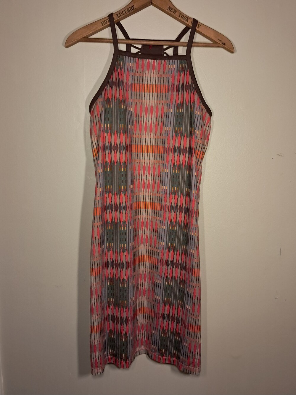 Prana Coral, Brown and Orange Geo-Print Halter Dress